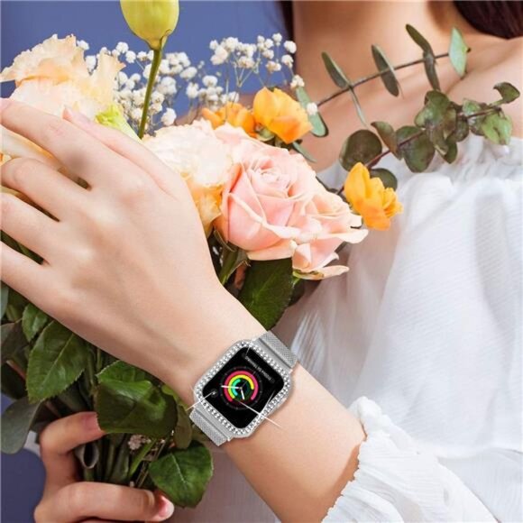 StainlessSteel Mesh bands Compatible For AppleWatch 44mm,Women Bling Protective - Picture 6 of 7